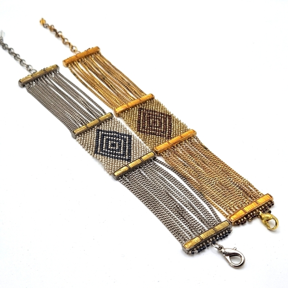 VINTAGE Seed Bead and Metal Chain Multi-Strand Bracelet Set Silver and Gold Tone - Picture 1 of 5